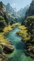 Scenic river flowing through a verdant valley surrounded by majestic mountains on a bright sunny day photo