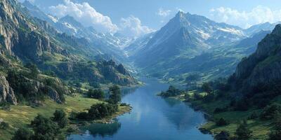 Majestic mountains and serene river landscape under a clear blue sky with fluffy clouds photo
