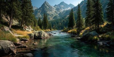 Majestic mountain landscape with clear river flowing through pine forest under bright blue sky photo