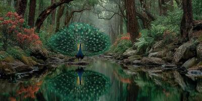 Peacock gracefully displays its plumage by a tranquil stream surrounded by lush forest foliage in the early morning light photo
