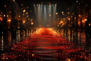 Elegant red carpet leading to a glamorous event illuminated by bright lights in a festive atmosphere photo