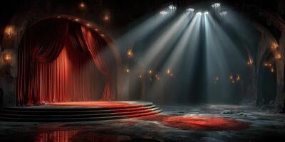Mysterious theater stage with red curtains and dramatic lighting creating an enchanting atmosphere at night photo