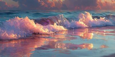 Waves crashing on a tranquil beach at sunset with vibrant reflections on the water surface photo