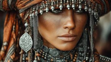 Close-up of a woman in traditional attire showcasing intricate jewelry in a cultural festival during the daytime photo