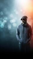 Person wearing sunglasses and headphones stands confidently against a colorful, blurred background in an urban setting during nighttime photo