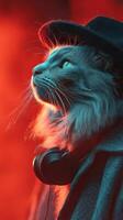 Cool cat wearing a hat and headphones poses against a vibrant background infused with red and blue hues photo