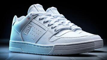 White sneakers placed in a studio setting with dramatic lighting highlighting details and textures photo