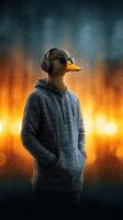 Unique duck character wearing headphones and sunglasses standing confidently in a lively urban environment during the night photo