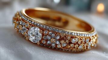 Elegant gold ring adorned with intricate floral patterns and sparkling gems on a satin background photo