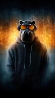 Hippo character in hoodie and headphones stands against colorful background with bright lights and dark atmosphere photo