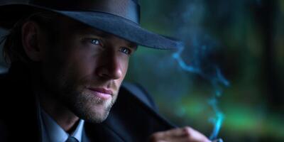 Mysterious man in a fedora sharing a contemplative moment amidst smoky ambiance in a dimly lit setting photo
