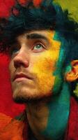 Young man with colorful artistic paint effects expressing emotions in a creative portrait backdrop photo