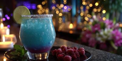 Refreshing blue cocktail with garnishes served in a dimly lit bar with ambient lighting and decorative flowers photo