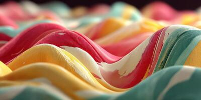 Colorful waves of fabric create an artistic display in bright hues and patterns in a modern setting photo