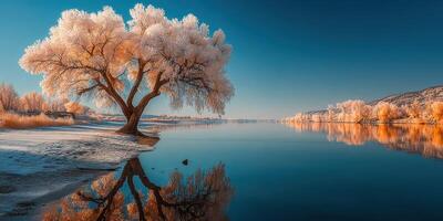 Vibrant winter scenery of a frost-covered tree reflecting in a serene river during midday photo