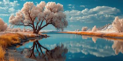 Beautiful winter landscape with frozen tree and calm water reflecting blue sky in a serene location photo