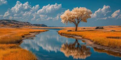 Golden landscape with a solitary tree reflecting in the calm water on a sunny day in a rural area photo