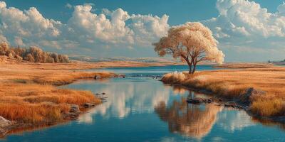 Serene landscape with a solitary tree by a calm river under a blue sky with cotton clouds during daytime photo