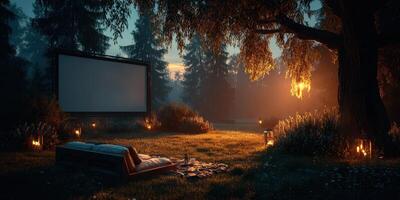 Outdoor movie night setup in a serene forest at dusk with glowing lanterns and a cozy blanket photo