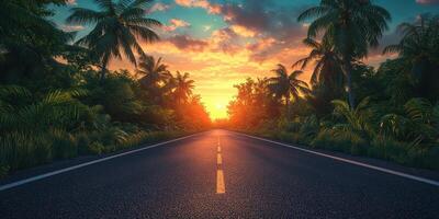 Sunset along a deserted road surrounded by palm trees in a tropical paradise photo