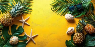 Tropical summer arrangement featuring pineapples, seashells, and sunglasses on a bright yellow background with palm leaves photo