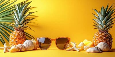 Pineapples, seashells, and sunglasses create a vibrant summer display on a bright yellow background for a fun tropical vibe photo