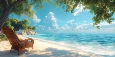 Serene beach scene with a wicker chair overlooking calm turquoise waters and a clear blue sky on a sunny day photo