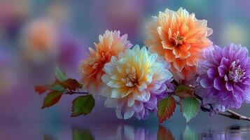 Vibrant dahlias bloom in a serene garden setting during the golden hour of sunset photo