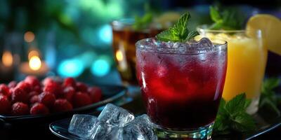 Refreshing summer drinks displayed on a vibrant table with ice, fruits, and candles in a soft-lit setting photo