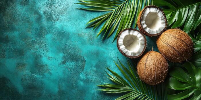 Coconuts and tropical leaves arranged on a vibrant turquoise backdrop create a refreshing tropical vibe suitable for summer events photo