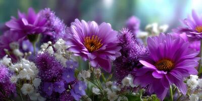 Colorful bouquet of fresh purple flowers arranged beautifully with delicate white accents in a soft, blurred background photo