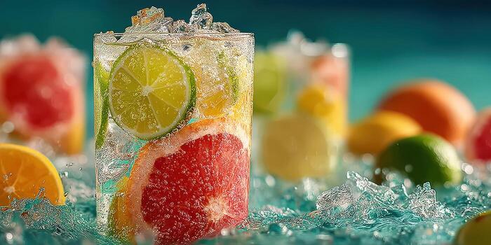 Refreshing fruit drinks with citrus slices in splash of water by poolside on bright sunny day photo
