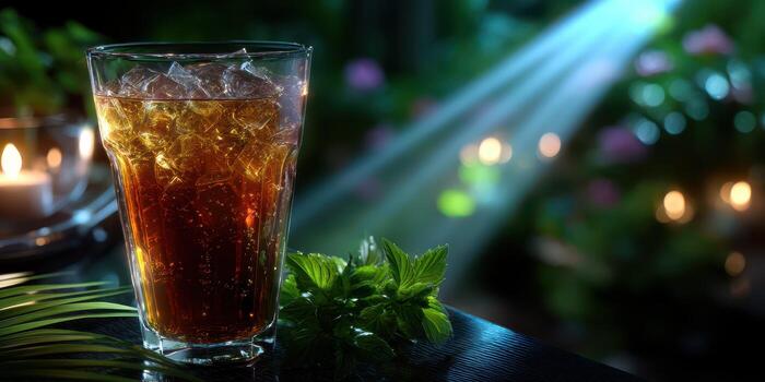 Refreshing drink with ice served in a glass surrounded by greenery and soft lighting in the evening photo