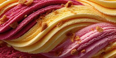 Colorful layered dessert with swirls of cream and crunchy toppings served in a bowl photo