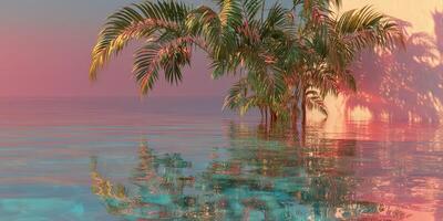Stunning tropical scene with palm trees and vibrant reflections in tranquil water at sunset photo