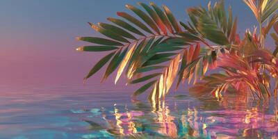 Vibrant palm leaves reflect in tranquil water under a stunning pastel sky at dusk photo