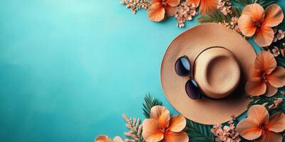 Bright beach hat and sunglasses on vibrant turquoise background with floral accents in summer setting photo