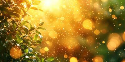 Bright sunlight filters through lush greenery creating a magical bokeh effect from golden particles in an outdoor setting photo