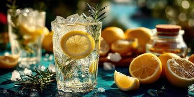 Refreshing lemonade with ice and lemons on a sunny day in a garden setting photo