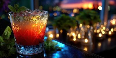 Vibrant sunset cocktail resting on a bar counter adorned with fresh mint and warm candlelight in the background photo