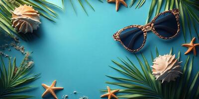 Tropical beach scene with sunglasses, seashells, and starfish surrounded by palm leaves photo