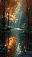 Tranquil forest landscape with autumn foliage reflecting on calm water surface in a serene setting photo