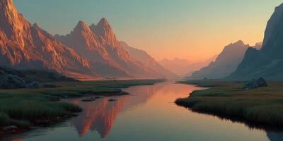 Breathtaking sunset over serene river surrounded by majestic mountains in a tranquil landscape photo