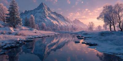 Winter landscape featuring majestic mountains, tranquil river, and soft morning light during a serene sunrise photo