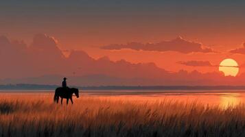 Solitary rider on a horse against a stunning sunset over tranquil wetlands photo