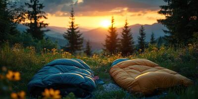 Campers relax in colorful sleeping bags while watching a breathtaking sunset in the mountains photo