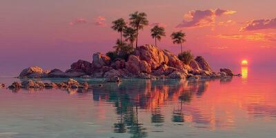 Sunset over tranquil island with palm trees reflecting in calm waters photo
