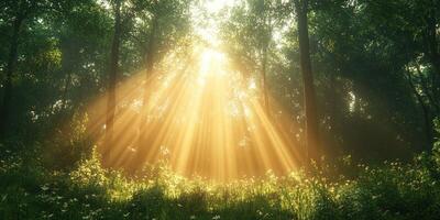 Sunlight streams through trees in a tranquil forest during dawn, illuminating the lush undergrowth and creating a serene atmosphere photo