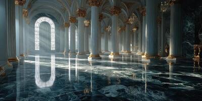 Grand hall with elegant pillars and marble floor illuminated by sunlight in a luxurious palace photo