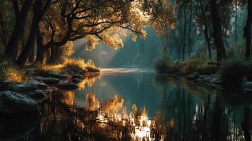 Serenity and tranquility envelop a calm river surrounded by trees during golden hour photo